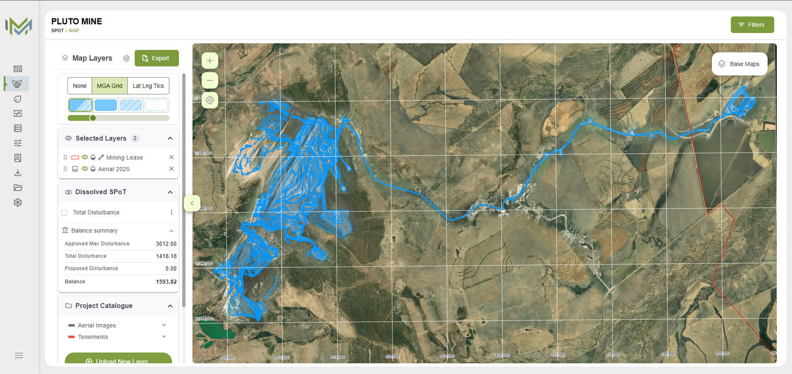 MapMyMine SPoT map with aerial imagery, mining lease, disturbance polygons and an MGA grid overlay