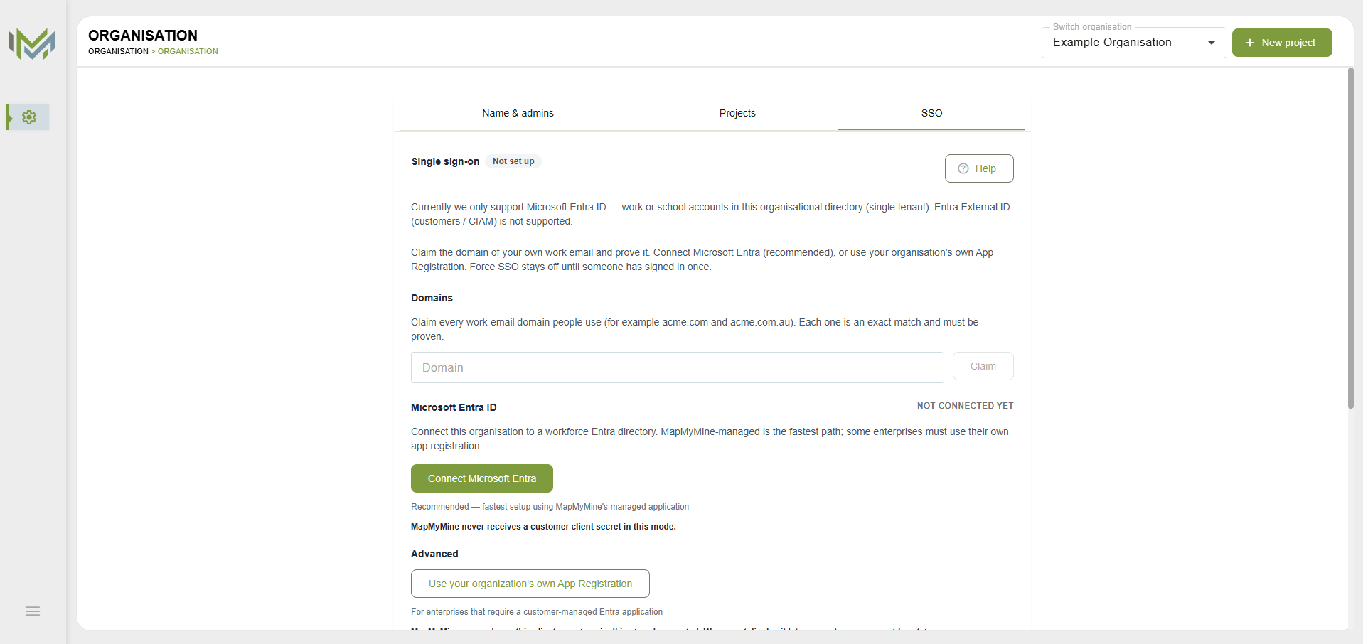 Organisation SSO settings for Microsoft Entra, including domain claim and managed or customer app registration