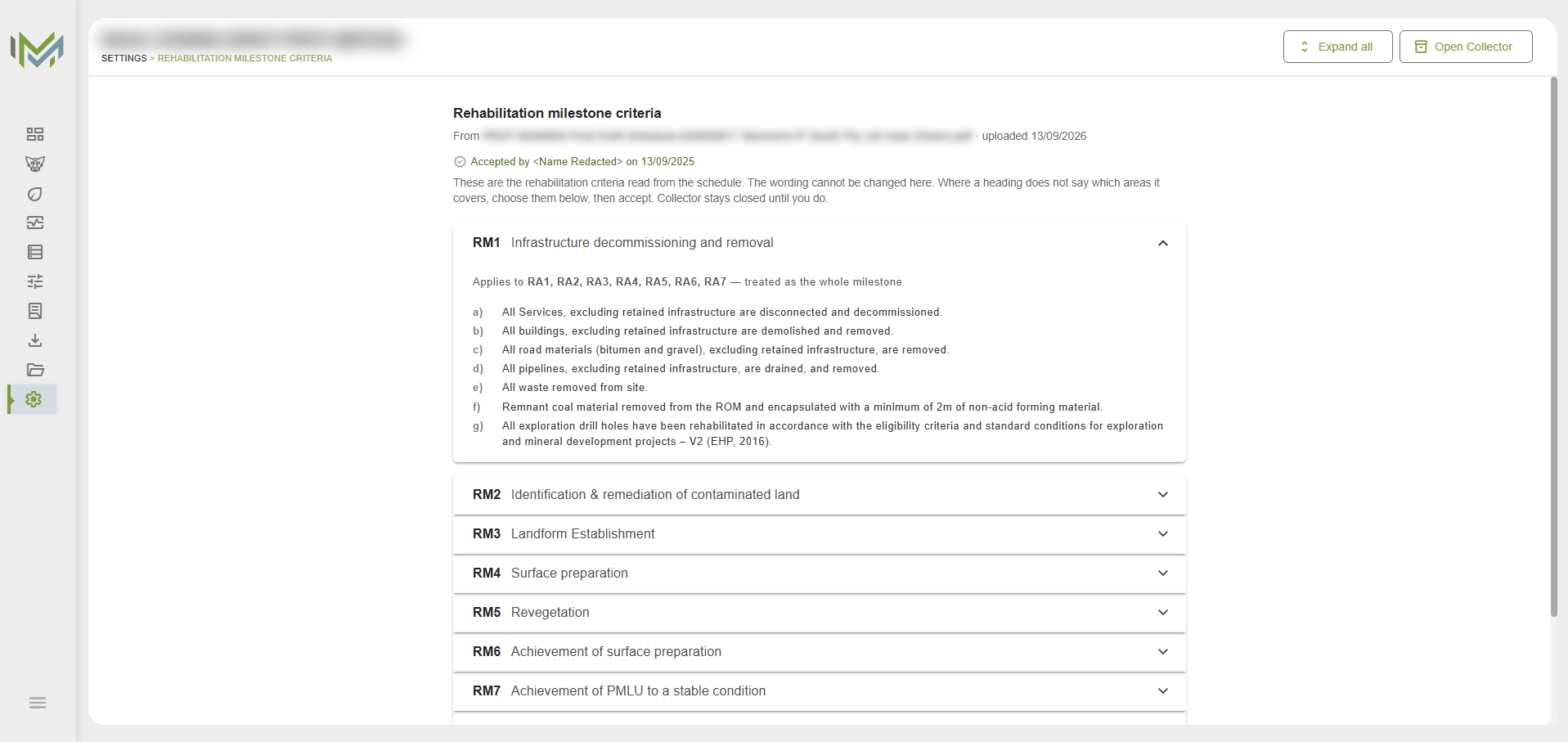 Rehabilitation milestone criteria review after PRCP schedule extraction, with RM1 expanded